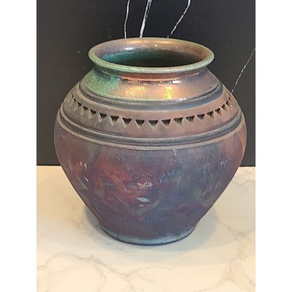 John Melkonian Raku Studio Pottery Vase Incised Triangle Design Signed 2010 EUC - Picture 7 of 16